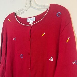 CJ Banks Cardigan Sweater Teacher Red Alphabet School Supplies Plus Size 3X
